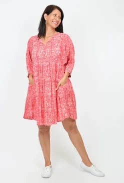 One Summer Genevieve Boho 3/4 Sleeve Cotton Dress in Coral- Knee Length Dresses | Short Sleeved Dresses