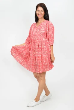 One Summer Genevieve Boho 3/4 Sleeve Cotton Dress in Coral- Knee Length Dresses | Short Sleeved Dresses