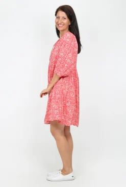 One Summer Genevieve Boho 3/4 Sleeve Cotton Dress in Coral- Knee Length Dresses | Short Sleeved Dresses