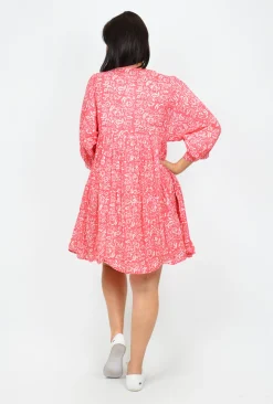 One Summer Genevieve Boho 3/4 Sleeve Cotton Dress in Coral- Knee Length Dresses | Short Sleeved Dresses