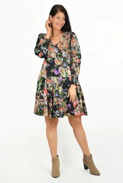 Orientique Georgina Puff Sleeve Dress in Floral Black- Long Sleeved Dresses | Above Knee Dresses