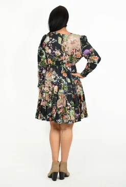 Orientique Georgina Puff Sleeve Dress in Floral Black- Long Sleeved Dresses | Above Knee Dresses