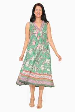 Orientique Gia Crinkle Cotton Sleeveless Midi Dress in Sage Green- Sleeveless Dresses | Organic Cotton Clothing