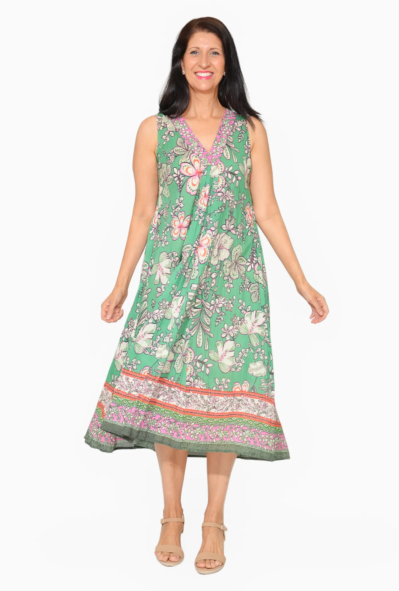 Orientique Gia Crinkle Cotton Sleeveless Midi Dress in Sage Green- Sleeveless Dresses | Organic Cotton Clothing