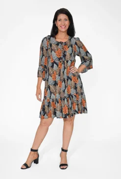 Caroline Morgan Glenda Frill Sleeve Boho Dress in Black- Long Sleeved Dresses | Knee Length Dresses