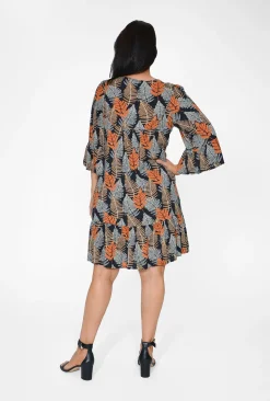 Caroline Morgan Glenda Frill Sleeve Boho Dress in Black- Long Sleeved Dresses | Knee Length Dresses