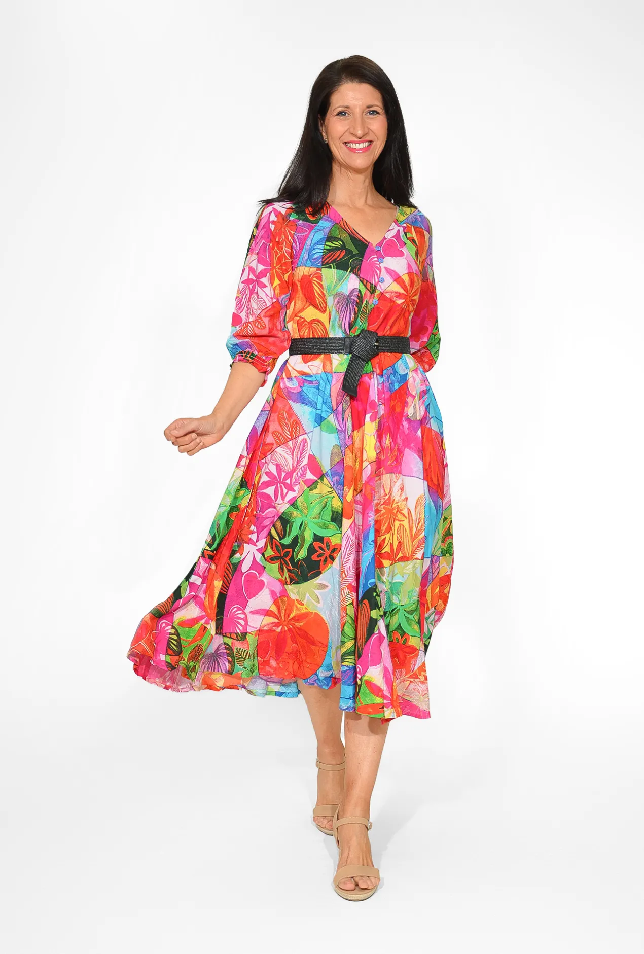 Orientique Glynis Rayon Short Sleeve Midi Dress in- Long Sleeved Dresses | Midi Dresses