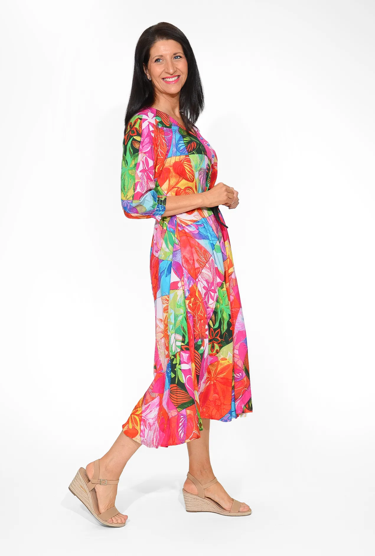 Orientique Glynis Rayon Short Sleeve Midi Dress in- Long Sleeved Dresses | Midi Dresses