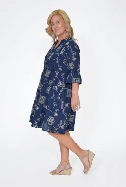 Jolie Saule Hallie 3/4 Frill Sleeve Dress in Navy- Long Sleeved Dresses | Knee Length Dresses