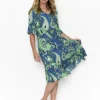 One Summer Harley Rayon Short Sleeve Dress in Green & Blue- Knee Length Dresses | Midi Dresses