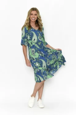 One Summer Harley Rayon Short Sleeve Dress in Green & Blue- Knee Length Dresses | Midi Dresses