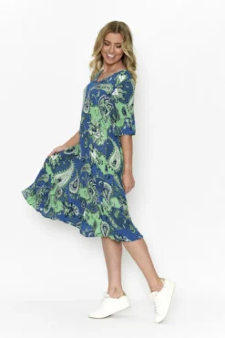One Summer Harley Rayon Short Sleeve Dress in Green & Blue- Knee Length Dresses | Midi Dresses