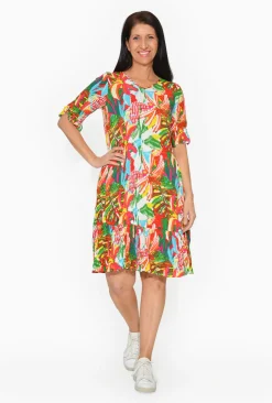 One Summer Harley Rayon Short Sleeve Dress in Red Tropics- Knee Length Dresses | Midi Dresses