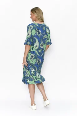 One Summer Harley Rayon Short Sleeve Dress in Green & Blue- Knee Length Dresses | Midi Dresses