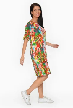 One Summer Harley Rayon Short Sleeve Dress in Red Tropics- Knee Length Dresses | Midi Dresses