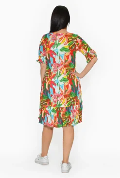 One Summer Harley Rayon Short Sleeve Dress in Red Tropics- Knee Length Dresses | Midi Dresses