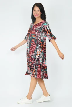 One Summer Harley Short Sleeve Dress in Animal Red- Knee Length Dresses | Short Sleeved Dresses