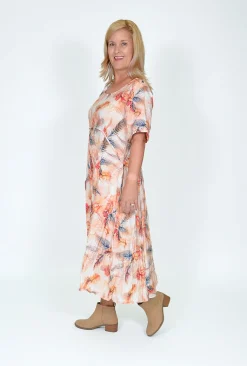 Willow Tree Helen Feather Print Dress in Pale Peach- Midi Dresses | Long Dresses