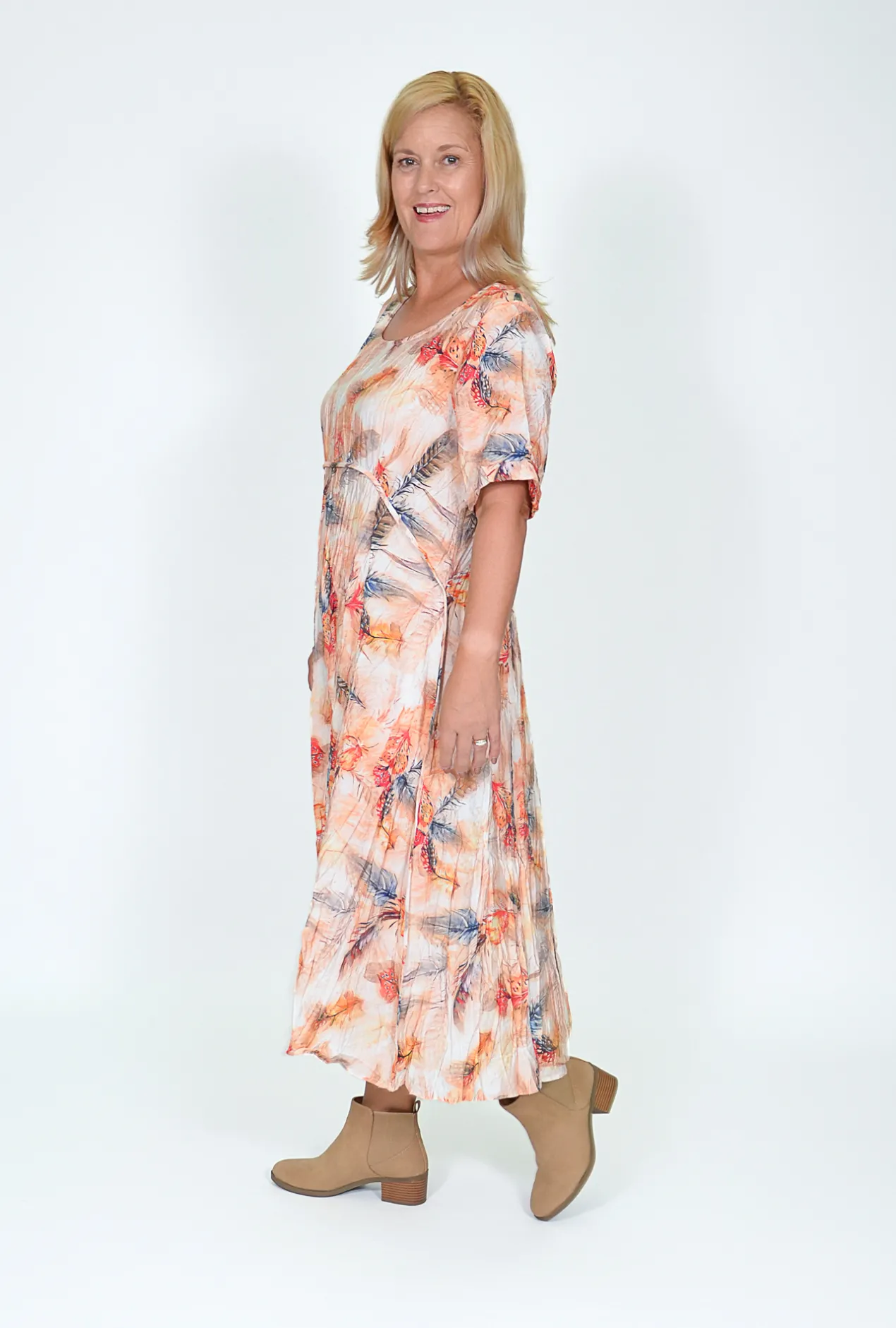 Willow Tree Helen Feather Print Dress in Pale Peach- Midi Dresses | Long Dresses