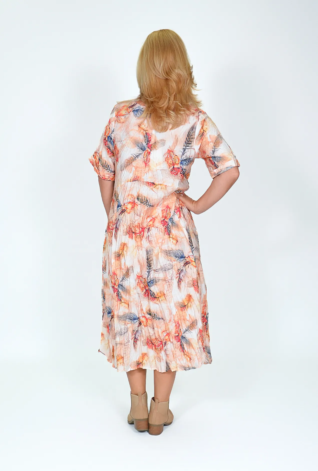 Willow Tree Helen Feather Print Dress in Pale Peach- Midi Dresses | Long Dresses