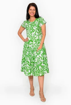 Orientique Istell Orangic Cotton Frill Dress in Green- Short Sleeved Dresses | Organic Cotton Clothing