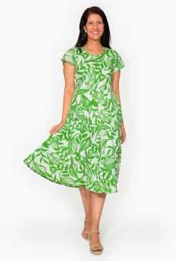 Orientique Istell Orangic Cotton Frill Dress in Green- Short Sleeved Dresses | Organic Cotton Clothing