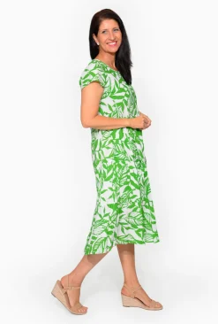 Orientique Istell Orangic Cotton Frill Dress in Green- Short Sleeved Dresses | Organic Cotton Clothing