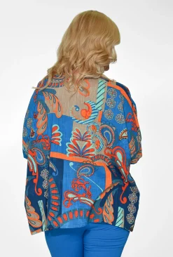 Orientique Ivy Cotton Short Sleeve Boxy Top in Blue Motifs- Cotton Tops | Short Sleeve Tops