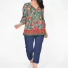 Orientique Janelle Rayon 3/4 Sleeve Boho Blouse in Red & Green Tropics- 3/4 Sleeve Tops
