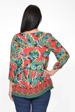 Orientique Janelle Rayon 3/4 Sleeve Boho Blouse in Red & Green Tropics- 3/4 Sleeve Tops