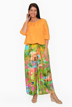 Escape Janette Linen Blend 3/4 Puff Sleeve Top in Mango Yellow- 3/4 Sleeve Tops