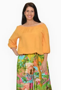 Escape Janette Linen Blend 3/4 Puff Sleeve Top in Mango Yellow- 3/4 Sleeve Tops
