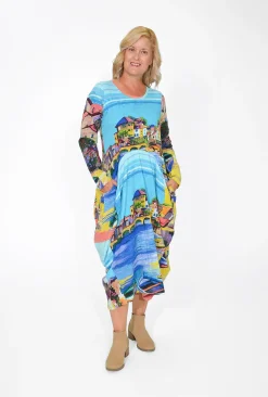 Orientique Jillian Long Sleeve Bubble Midi Dress in- Long Sleeved Dresses | Organic Cotton Clothing