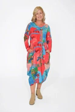 Orientique Jillian Long Sleeve Bubble Midi Dress in- Long Sleeved Dresses | Organic Cotton Clothing