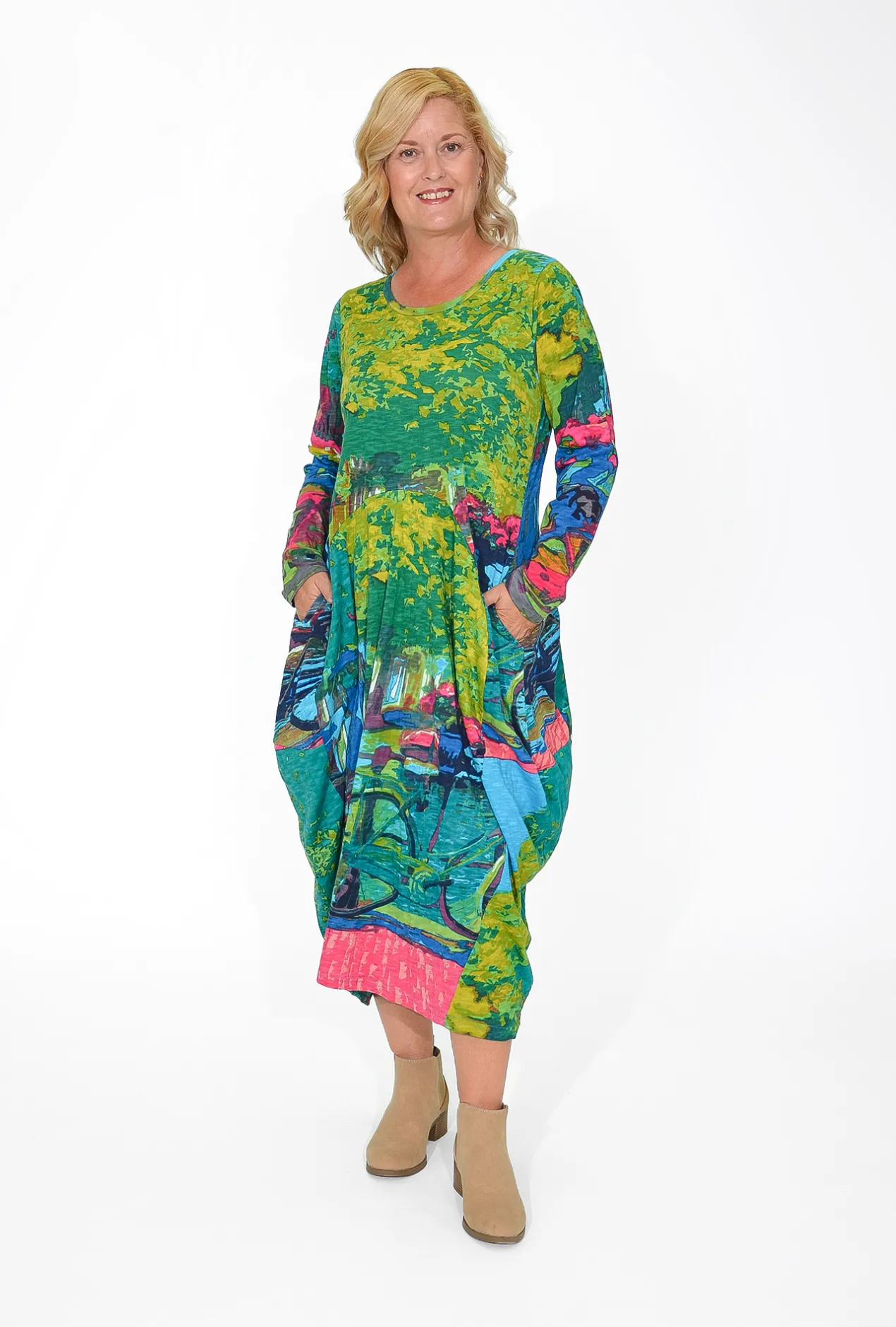 Orientique Jillian Long Sleeve Bubble Midi Dress in Bikes- Long Sleeved Dresses | Organic Cotton Clothing