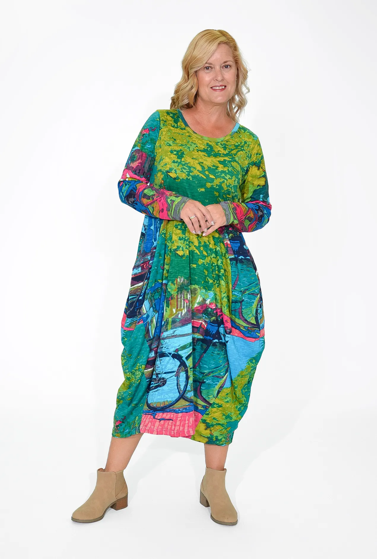 Orientique Jillian Long Sleeve Bubble Midi Dress in Bikes- Long Sleeved Dresses | Organic Cotton Clothing