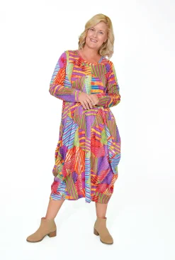 Orientique Jillian Long Sleeve Bubble Midi Dress in Abstract- Long Sleeved Dresses | Organic Cotton Clothing