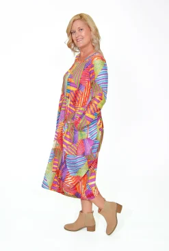 Orientique Jillian Long Sleeve Bubble Midi Dress in Abstract- Long Sleeved Dresses | Organic Cotton Clothing