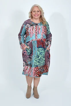 Orientique Josie Long Sleeve Bubble Dress in Burgundy Patchwork- Long Sleeved Dresses | Knee Length Dresses