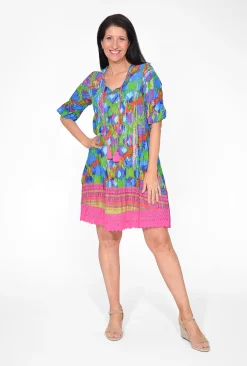 One Summer Julia Cotton Boho Tunic Dress in & Pink- Short Sleeved Dresses | Above Knee Dresses
