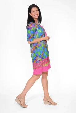One Summer Julia Cotton Boho Tunic Dress in & Pink- Short Sleeved Dresses | Above Knee Dresses