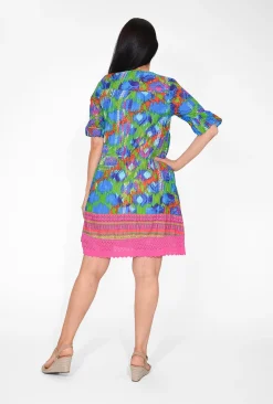 One Summer Julia Cotton Boho Tunic Dress in & Pink- Short Sleeved Dresses | Above Knee Dresses