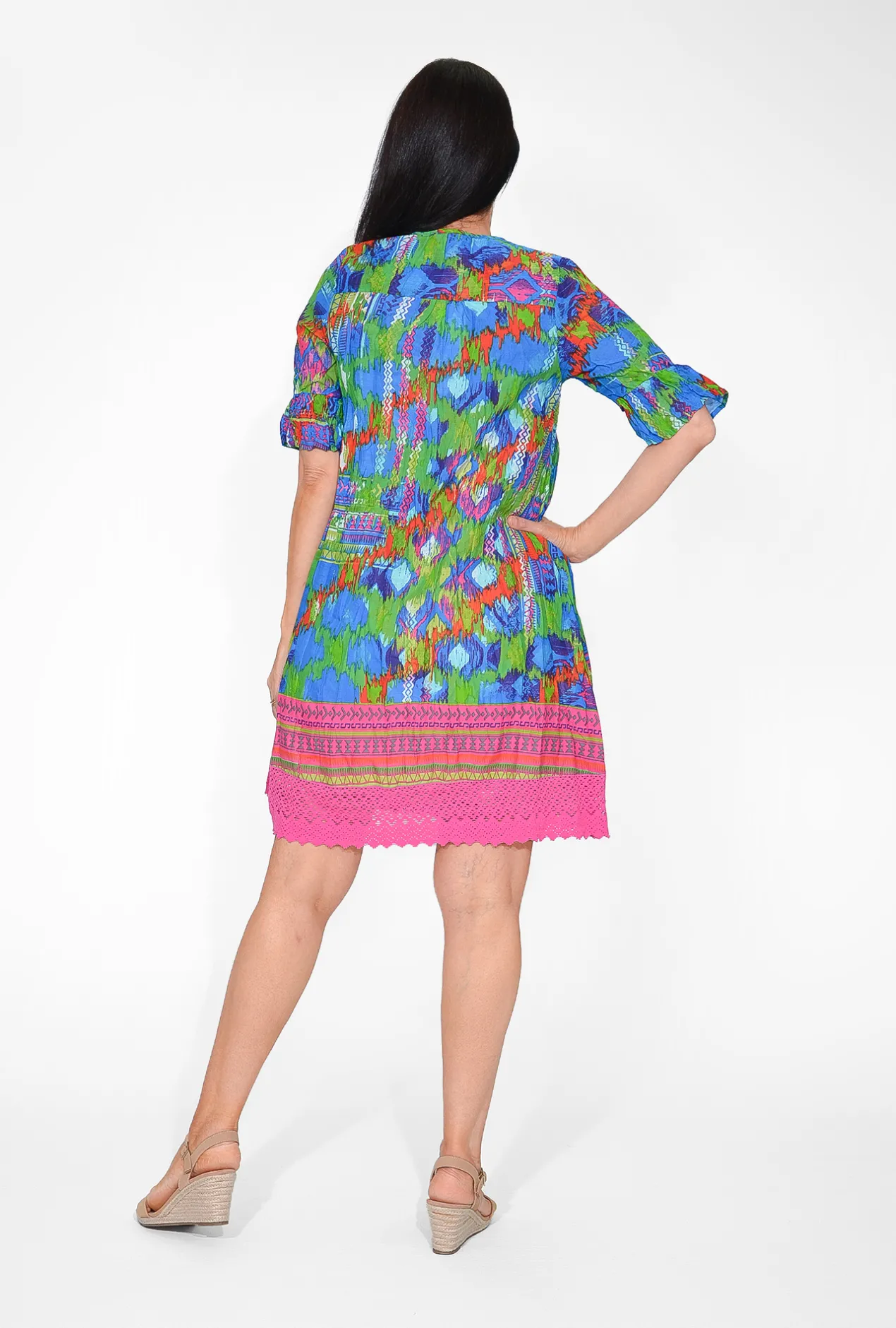 One Summer Julia Cotton Boho Tunic Dress in & Pink- Short Sleeved Dresses | Above Knee Dresses