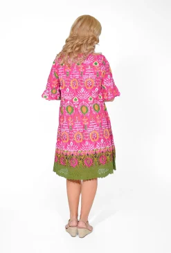 One Summer Julia Cotton Short Sleeve Boho Tunic Dress in Dark Pink- Long Sleeved Dresses | Knee Length Dresses