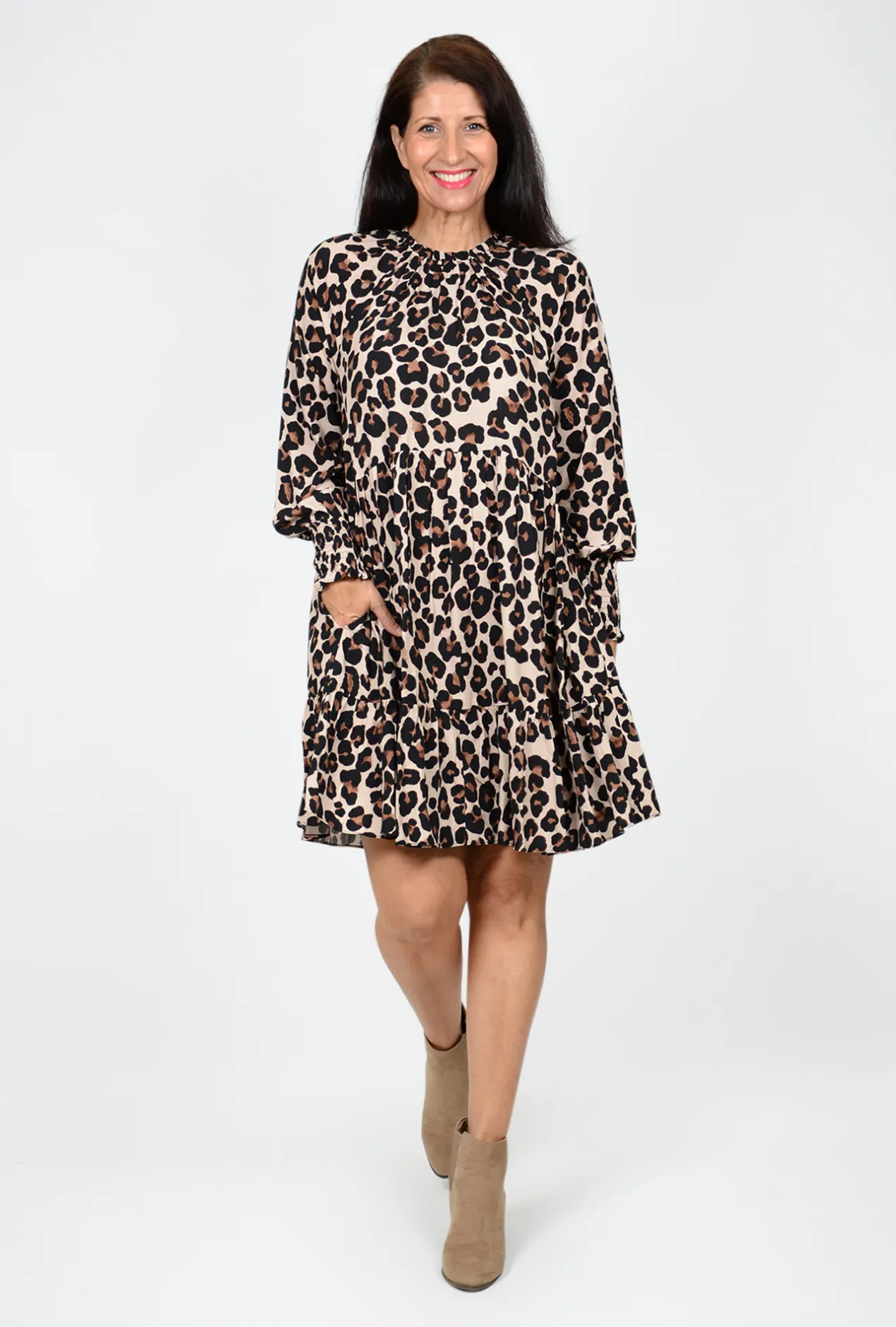 Sass Kaye Animal Long Sleeve Dress in Brown- Long Sleeved Dresses | Above Knee Dresses