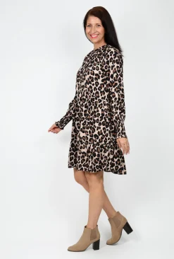 Sass Kaye Animal Long Sleeve Dress in Brown- Long Sleeved Dresses | Above Knee Dresses