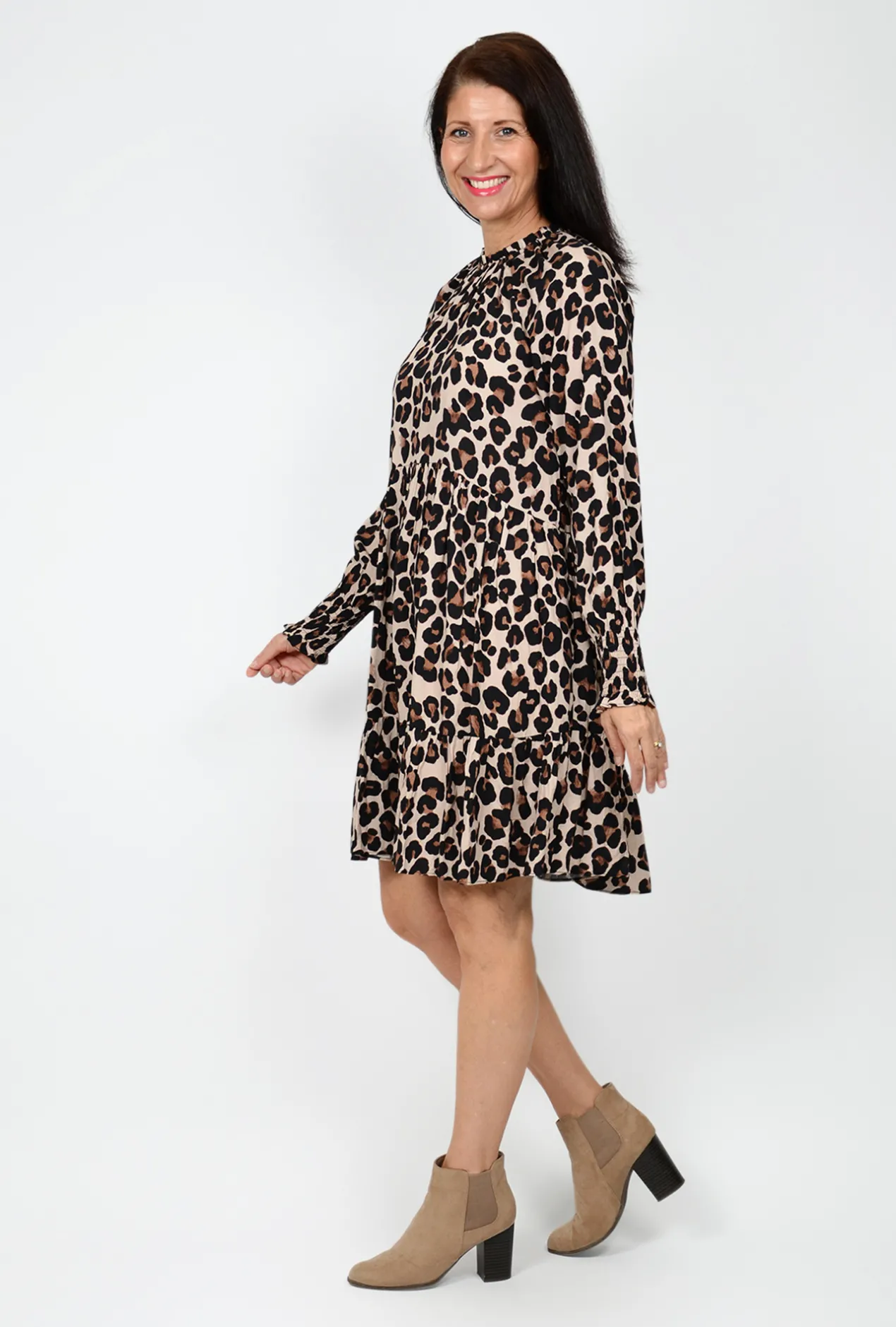 Sass Kaye Animal Long Sleeve Dress in Brown- Long Sleeved Dresses | Above Knee Dresses