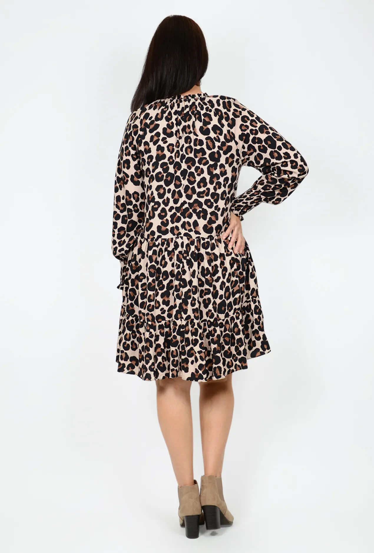Sass Kaye Animal Long Sleeve Dress in Brown- Long Sleeved Dresses | Above Knee Dresses