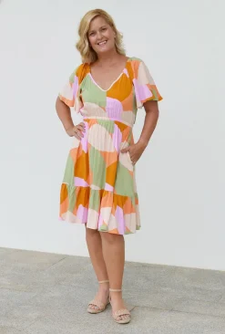 Fira Kaylani Short Sleeve Dress in Peach Multi- Knee Length Dresses | Above Knee Dresses