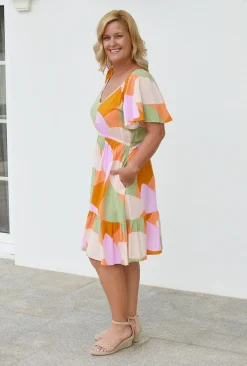 Fira Kaylani Short Sleeve Dress in Peach Multi- Knee Length Dresses | Above Knee Dresses